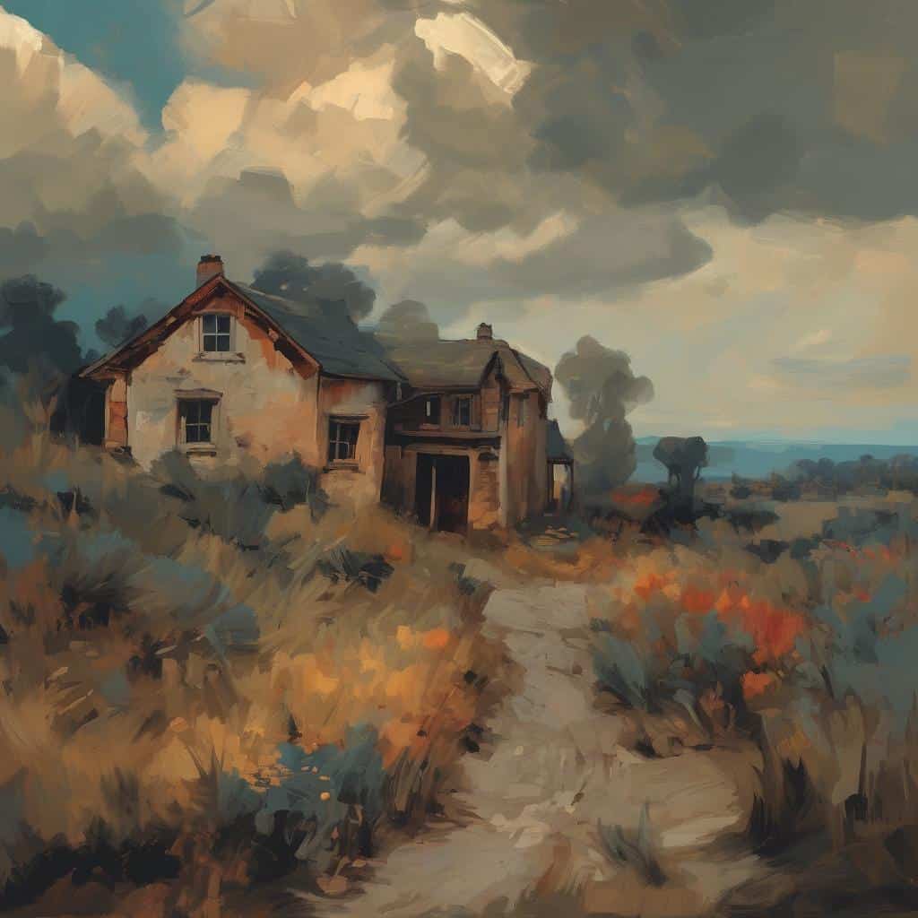 Παλιό εγκαταλελειμμένο σπίτι σε ηρεμία φύσης, δημιουργία και καινοτομία στην τέχνη, ζωγραφική τοπίου.