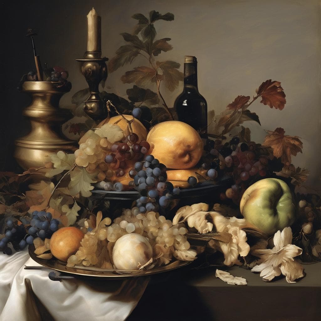 Χαρακτηριστικά εικόνας: Κλασική σύνθεση φρούτων και κρασιού σε έργο τέχνης, έμπνευση και καινοτομία στην τέχνη.