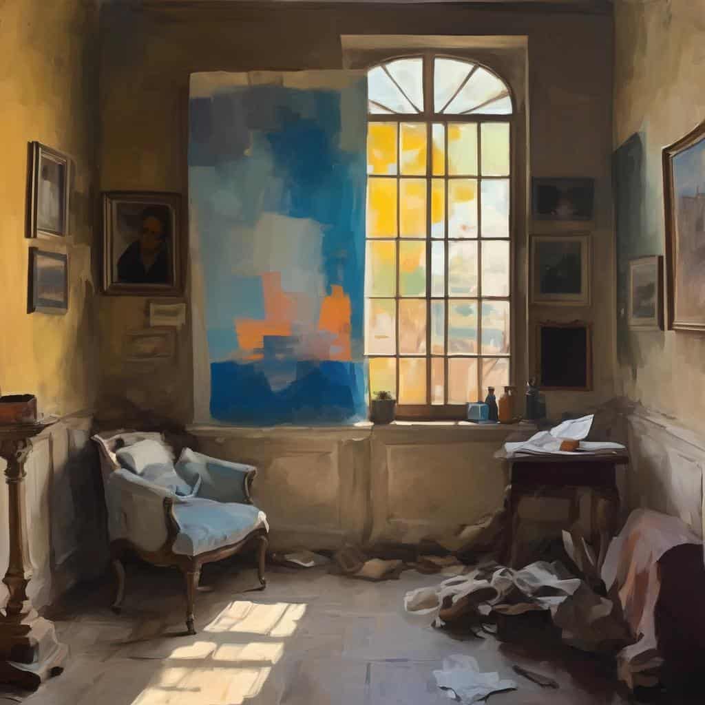 Ζωγραφική και δημιουργία στην τέχνη, εσωτερικό studio με παράθυρο και έργα τέχνης.